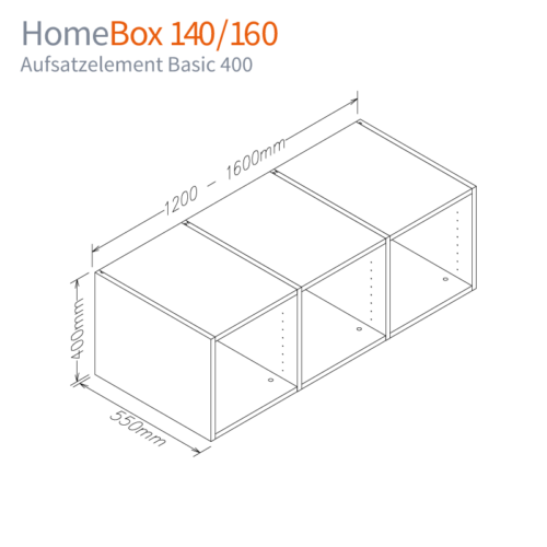 Maß-Skizze Aufsatzelement BASIC 400 für HomeBox 120 und 160 Home-Office auf Mass